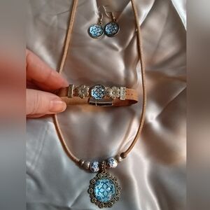 Portuguese Porcelain, Cork & Silver Tone Necklace, Earrings And Bracelet